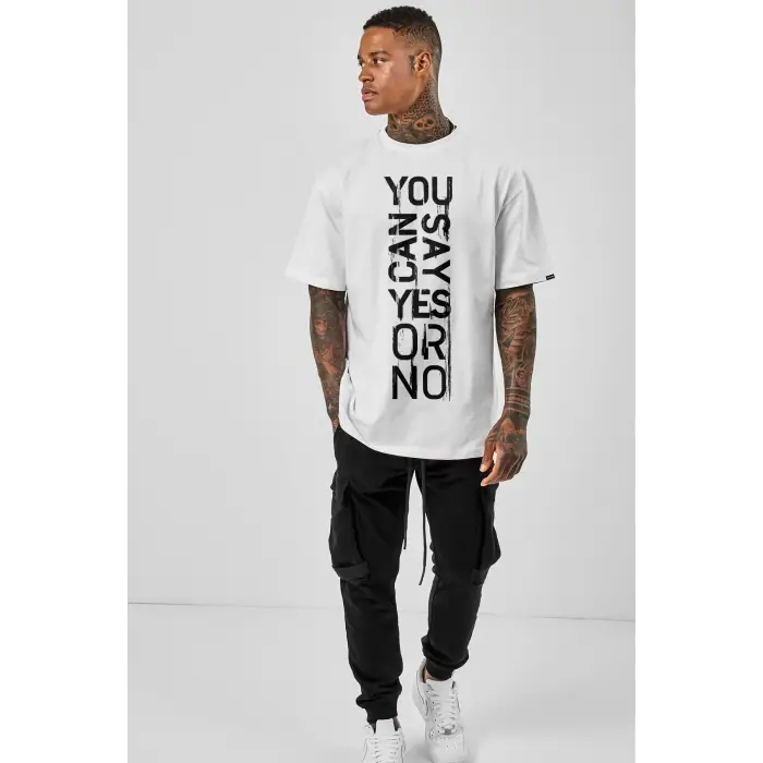 Oversize Yes Or No Baskılı Beyaz Tshirt NRAGE168