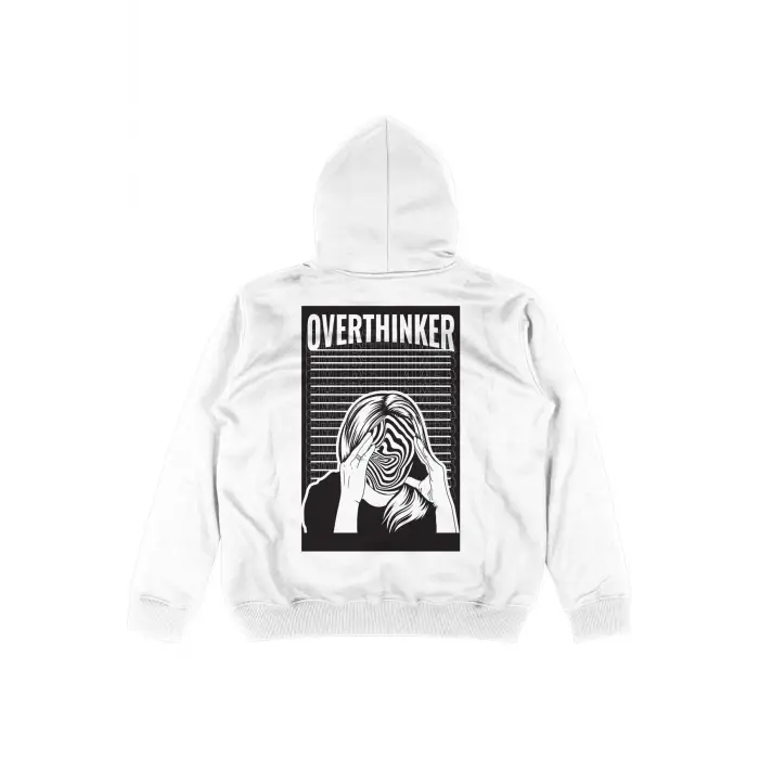 Overthinker Beyaz Oversize Unisex Kapüşonlu Sweatshirt Hoodie