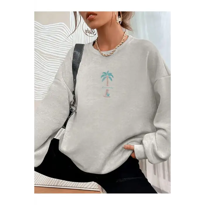 Palmiye Ağacı Desenli Sweat Gri