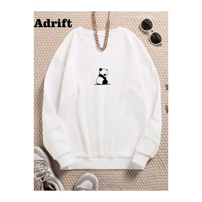 Panda Renkli Oversize Bisiklet Yaka Pamuklu Sweatshirt Beyaz