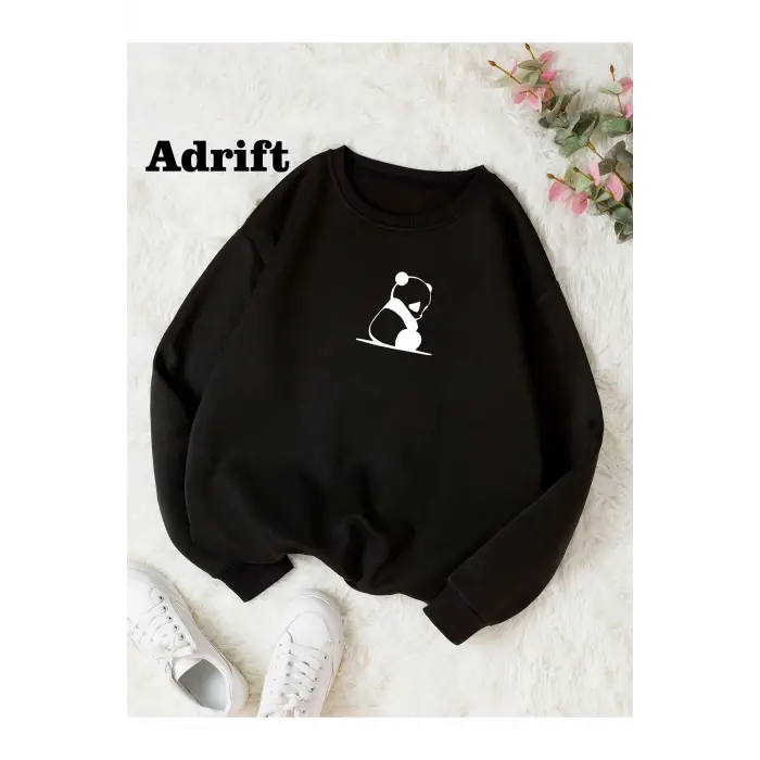 Panda Renkli Oversize Bisiklet Yaka Pamuklu Sweatshirt Siyah