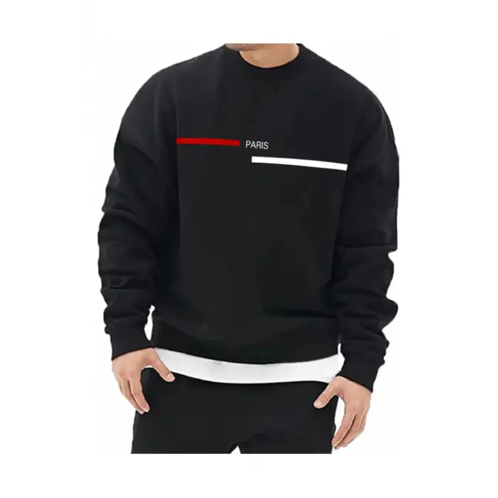 PARİS Oversize Bisiklet Yaka Pamuklu Sweatshirt Siyah