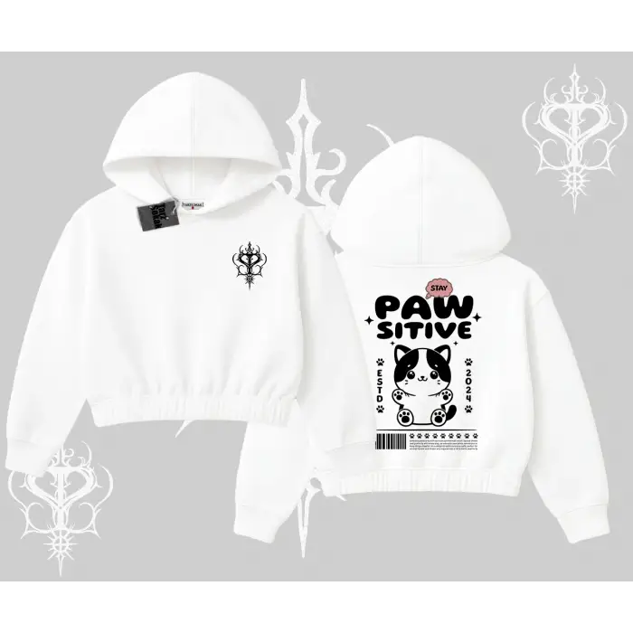 Paw Sitive Kedi Arka Baskılı Kapşonlu Crop Sweatshirt