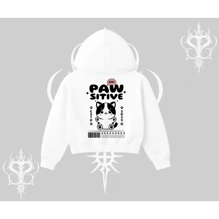 Paw Sitive Kedi Arka Baskılı Kapşonlu Crop Sweatshirt