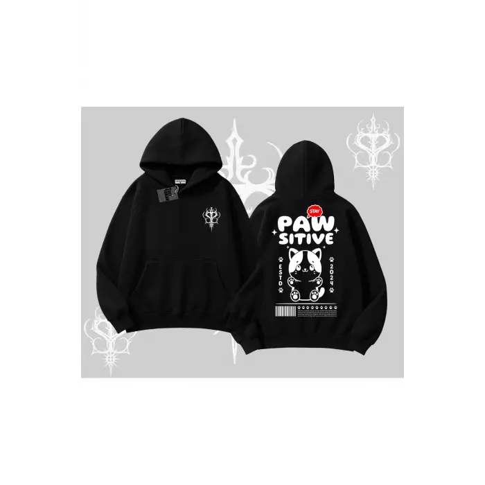 Paw Sitive Kedi Arka Baskılı Kapşonlu Sweatshirt