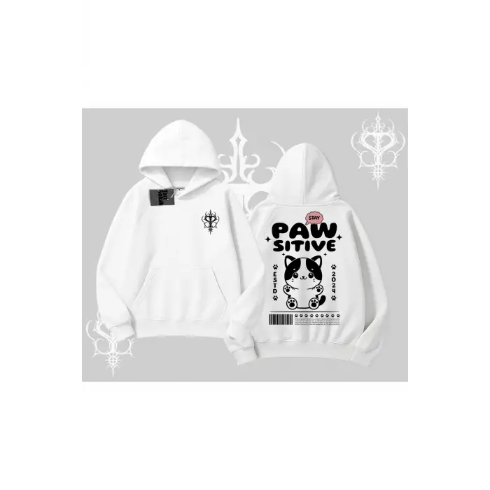 Paw Sitive Kedi Arka Baskılı Kapşonlu Sweatshirt