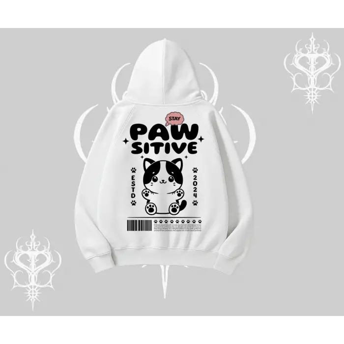 Paw Sitive Kedi Arka Baskılı Kapşonlu Sweatshirt