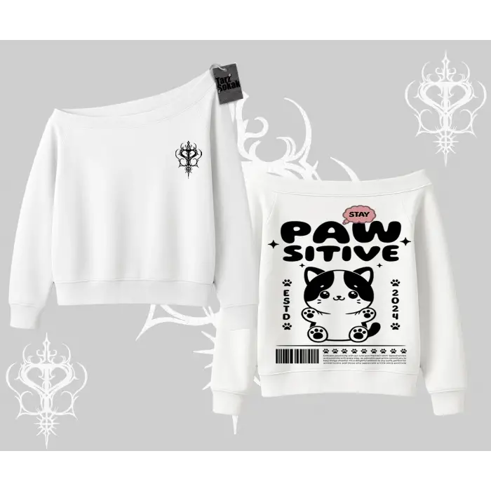 Paw Sitive Kedi Arka Baskılı Kayık Yaka Sweatshirt