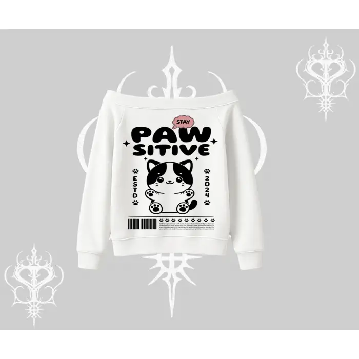 Paw Sitive Kedi Arka Baskılı Kayık Yaka Sweatshirt
