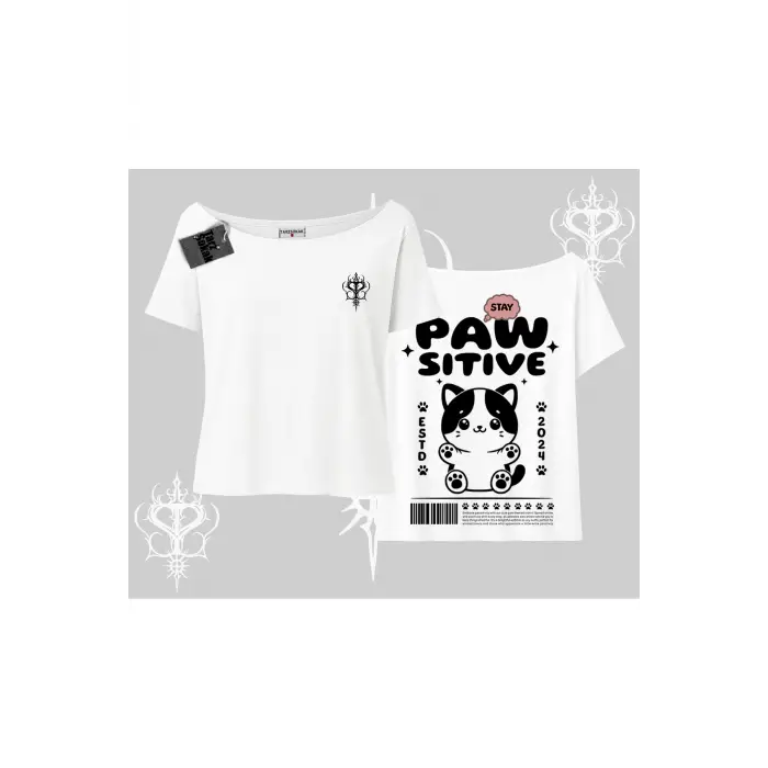 Paw Sitive Kedi Arka Baskılı Kayık Yaka Tshirt