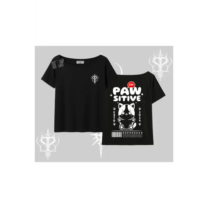 Paw Sitive Kedi Arka Baskılı Kayık Yaka Tshirt