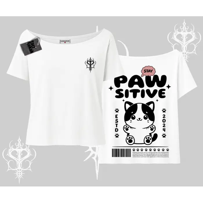 Paw Sitive Kedi Arka Baskılı Kayık Yaka Tshirt