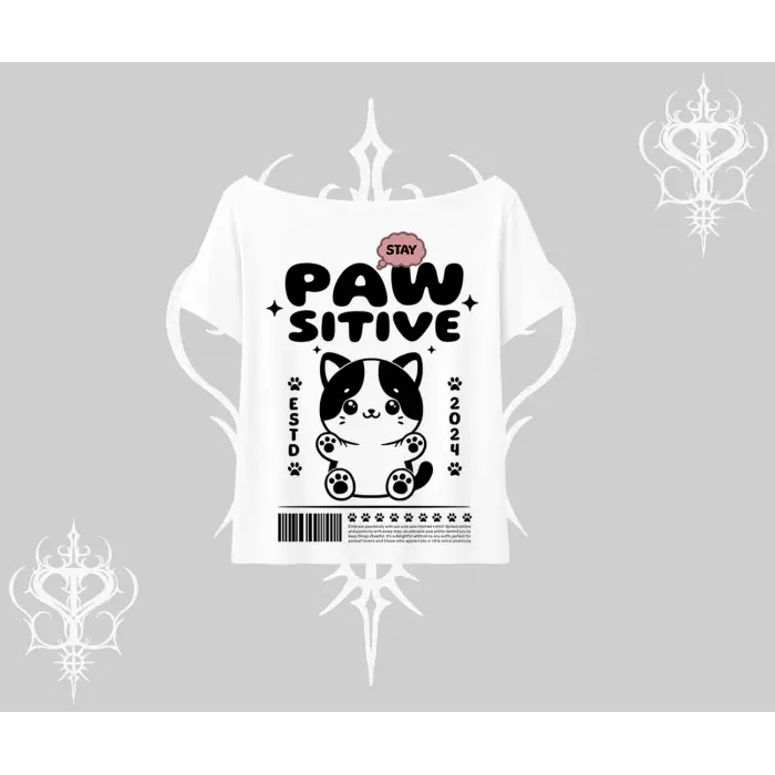 Paw Sitive Kedi Arka Baskılı Kayık Yaka Tshirt