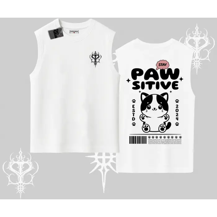 Paw Sitive Kedi Arka Baskılı Kolsuz Tshirt