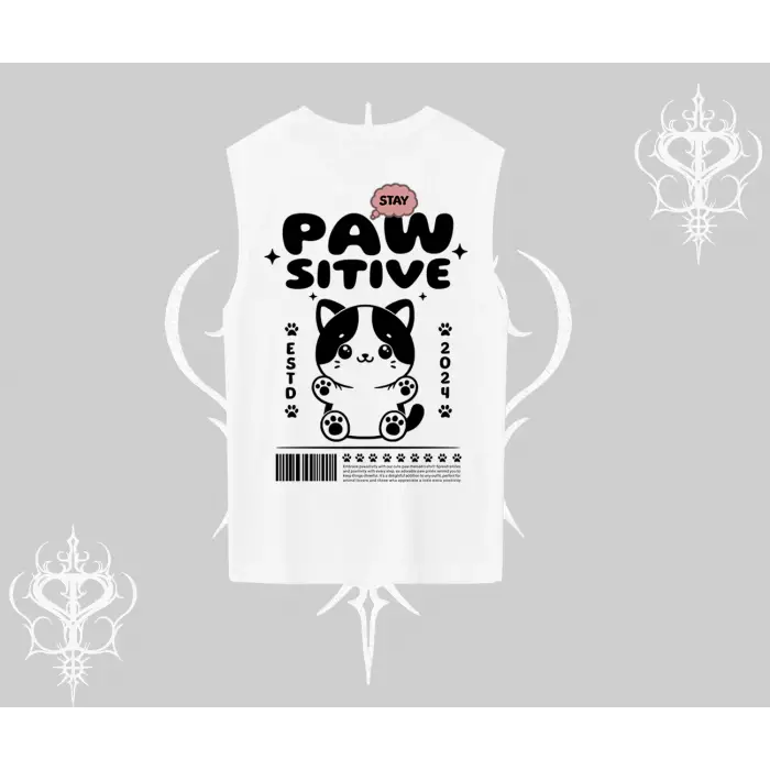 Paw Sitive Kedi Arka Baskılı Kolsuz Tshirt