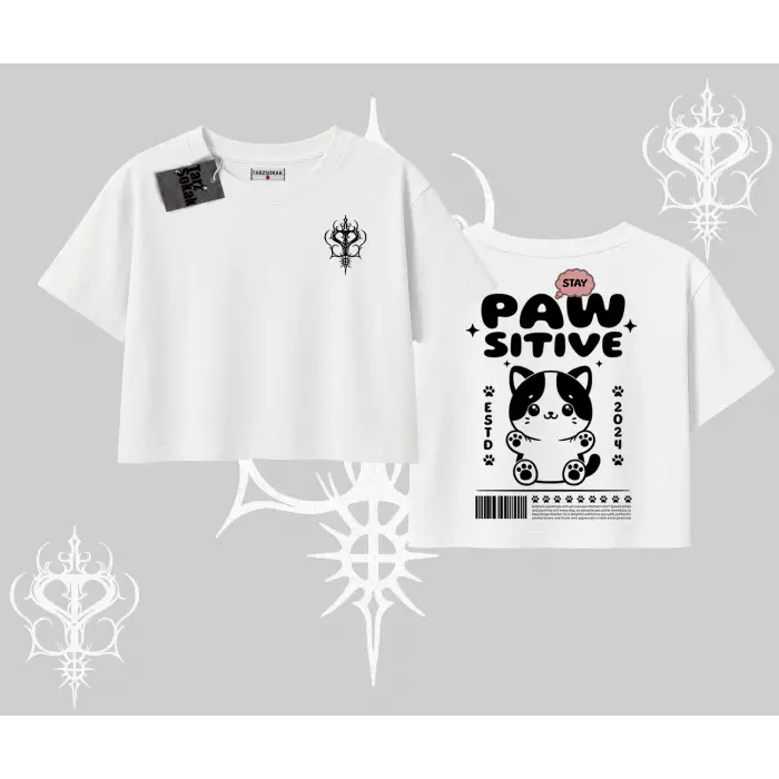 Paw Sitive Kedi Arka Baskılı Oversize Crop Tshirt