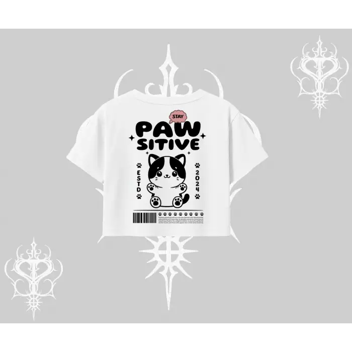 Paw Sitive Kedi Arka Baskılı Oversize Crop Tshirt