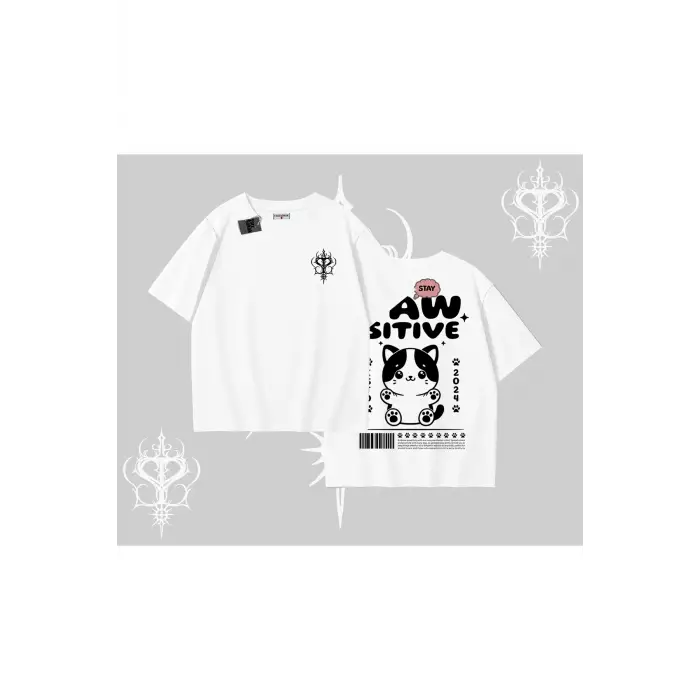 Paw Sitive Kedi Arka Baskılı Oversize Tshirt