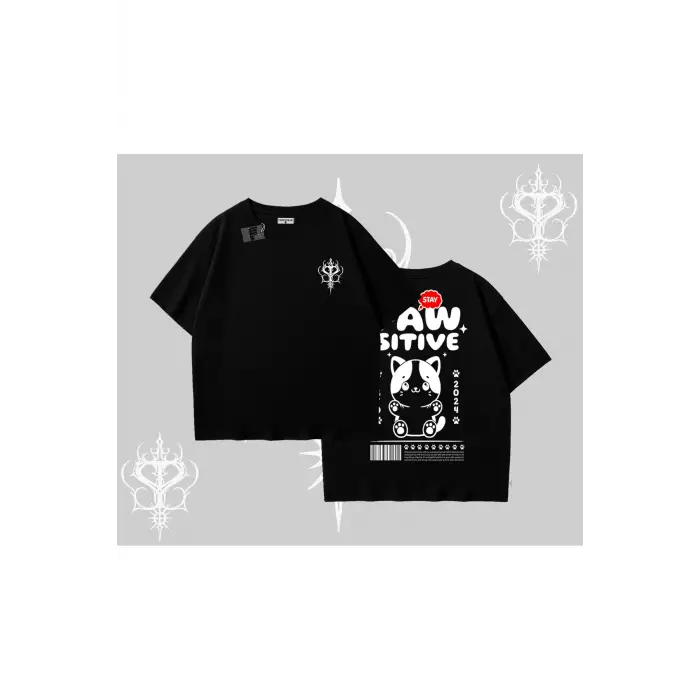 Paw Sitive Kedi Arka Baskılı Oversize Tshirt