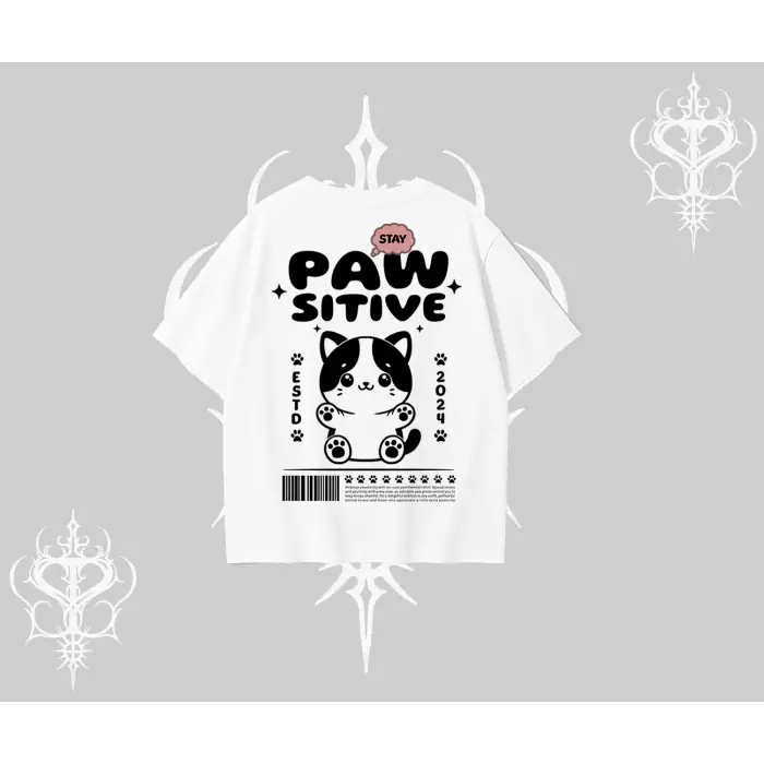 Paw Sitive Kedi Arka Baskılı Oversize Tshirt