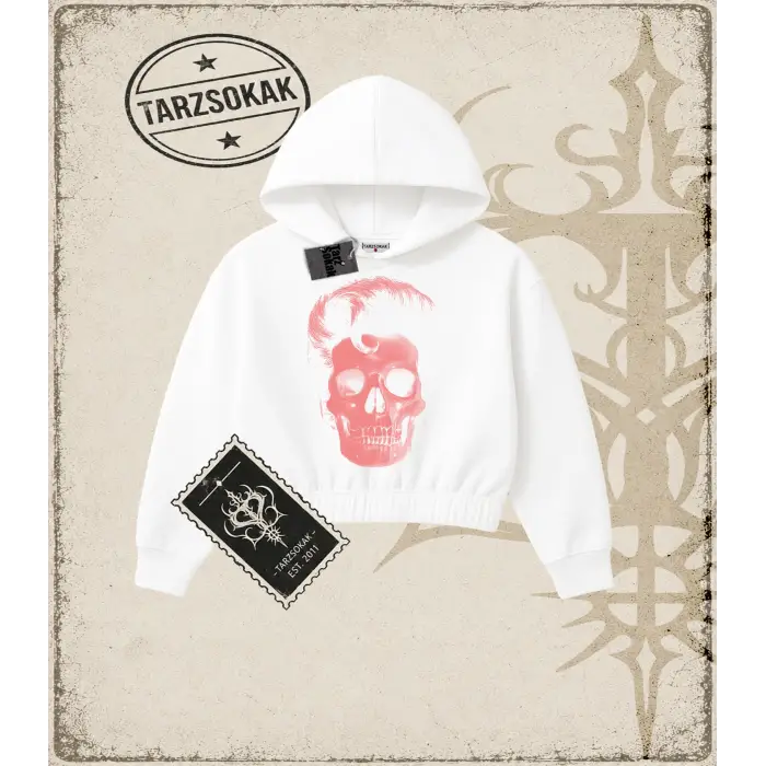 POMPADOUR SKULL Kadın Crop Kapşonlu Sweatshirt