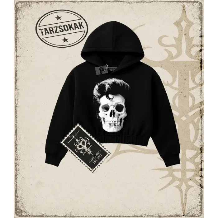 POMPADOUR SKULL Kadın Crop Kapşonlu Sweatshirt