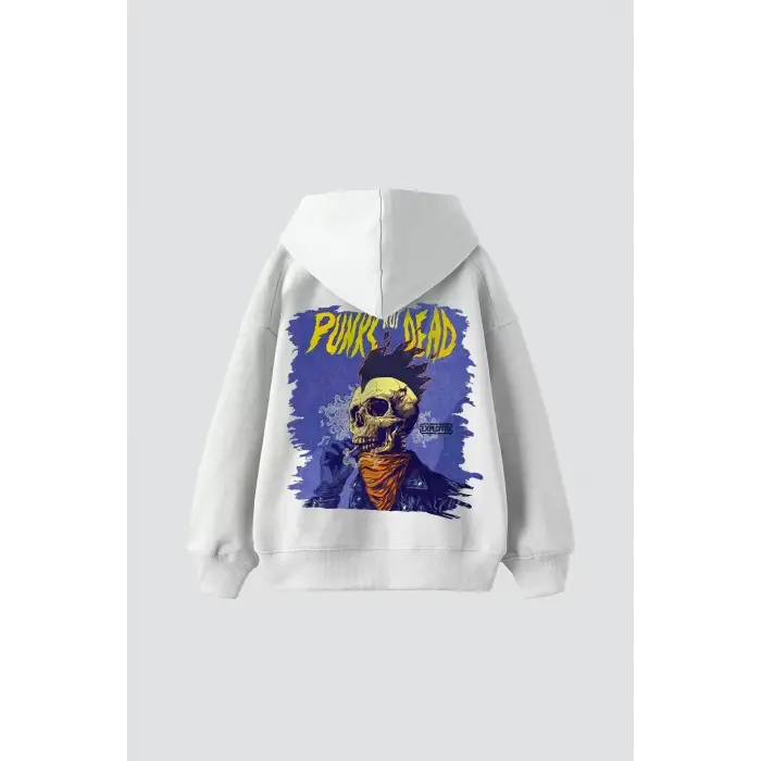 Punks Not Dead Baskılı Oversize Unisex Beyaz
