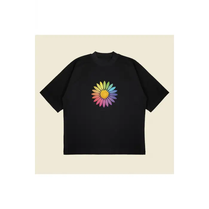 Rainbow Daisy Baskılı Oversize Unisex Pamuklu Nefes Alan Kalın Kumaşlı