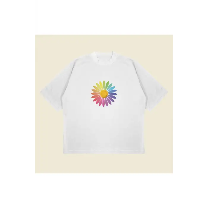 Rainbow Daisy Baskılı Oversize Unisex Pamuklu Nefes Alan Kalın Kumaşlı
