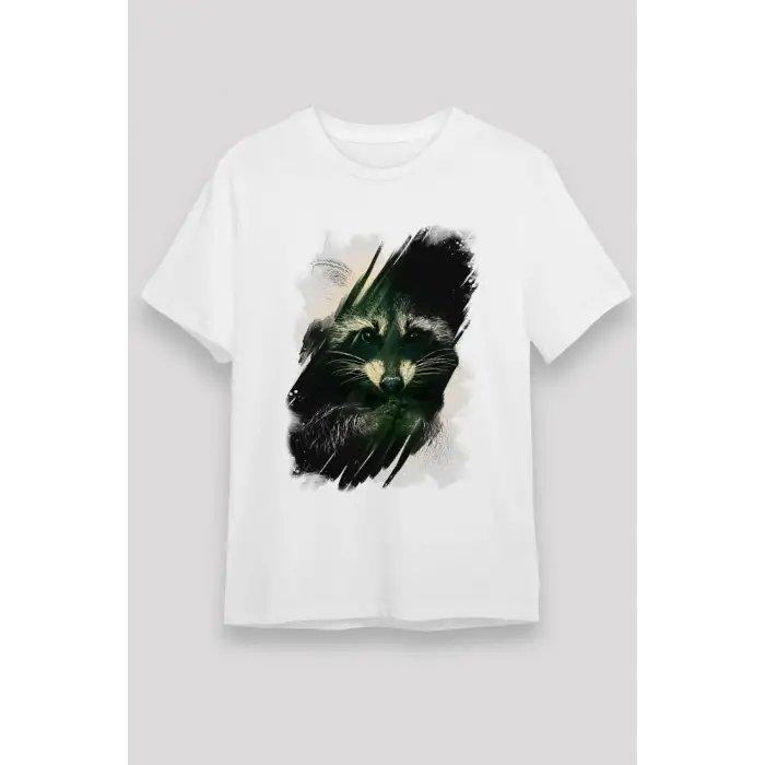 Rakun Baskılı Unisex Beyaz Tişört