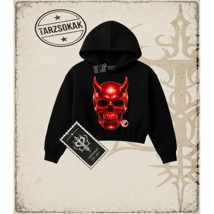 RED SKULL Kadın Crop Kapşonlu Sweatshirt