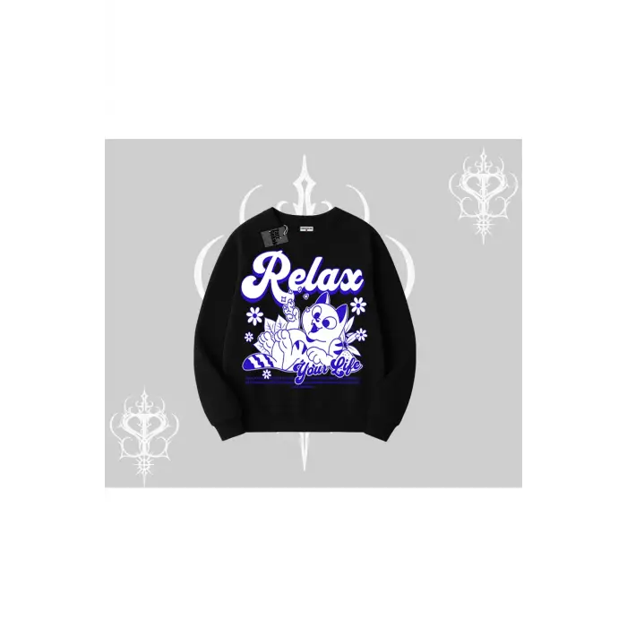 Relax Kedi Baskılı Biskilet Sweatshirt