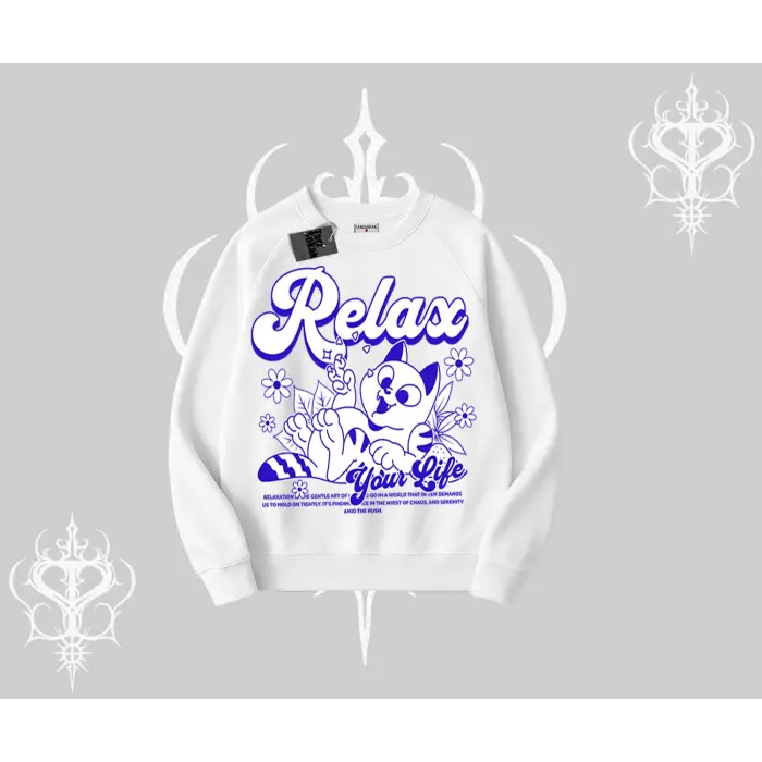 Relax Kedi Baskılı Biskilet Sweatshirt