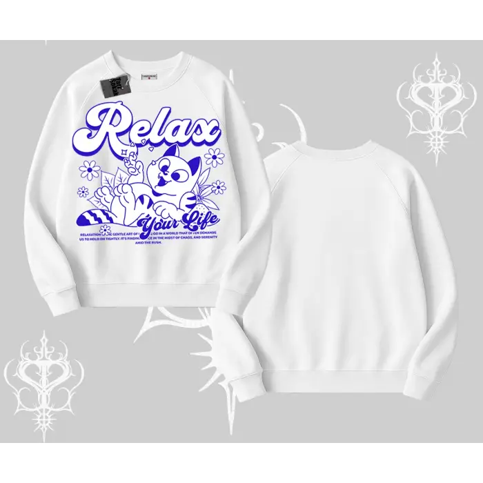 Relax Kedi Baskılı Biskilet Sweatshirt