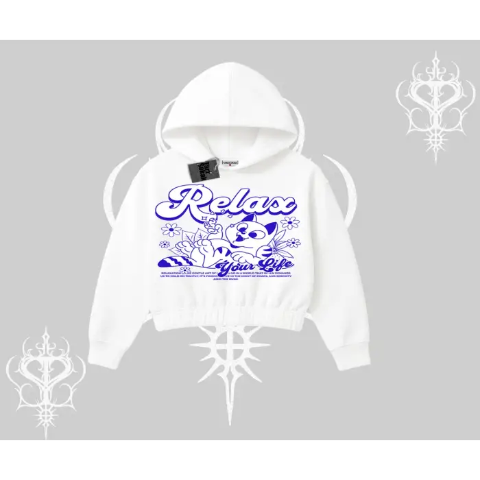 Relax Kedi Baskılı Kapşonlu Crop Sweatshirt