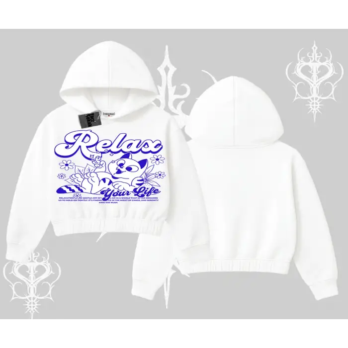 Relax Kedi Baskılı Kapşonlu Crop Sweatshirt
