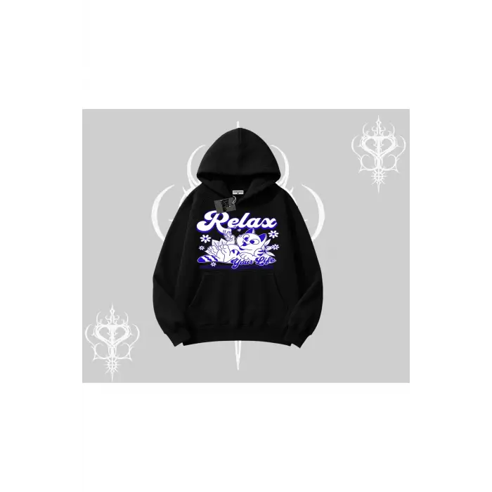 Relax Kedi Baskılı Kapşonlu Sweatshirt