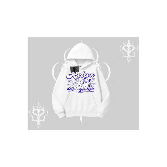 Relax Kedi Baskılı Kapşonlu Sweatshirt