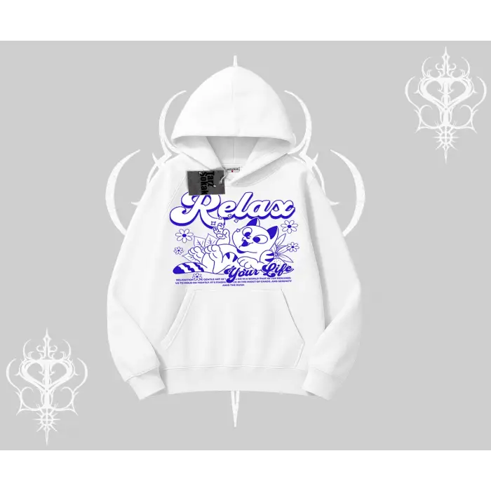 Relax Kedi Baskılı Kapşonlu Sweatshirt