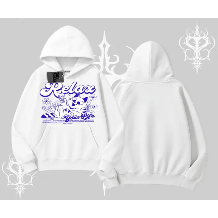 Relax Kedi Baskılı Kapşonlu Sweatshirt