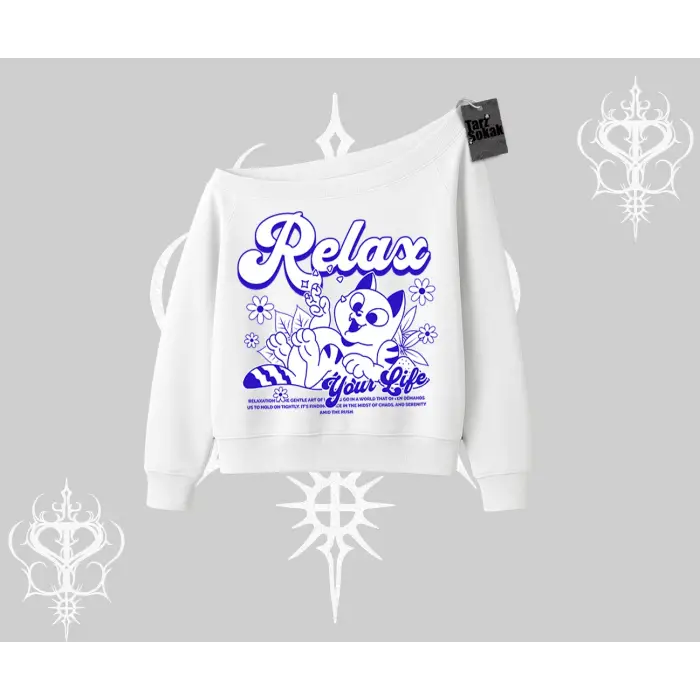 Relax Kedi Baskılı Kayık Yaka Sweatshirt