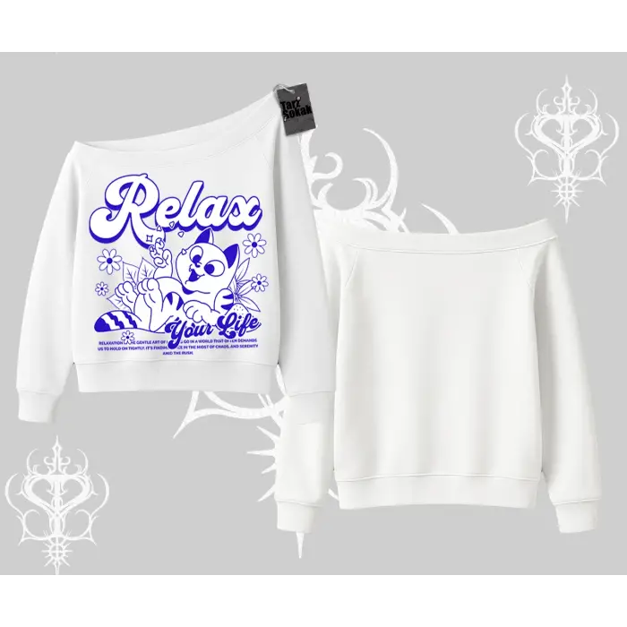 Relax Kedi Baskılı Kayık Yaka Sweatshirt
