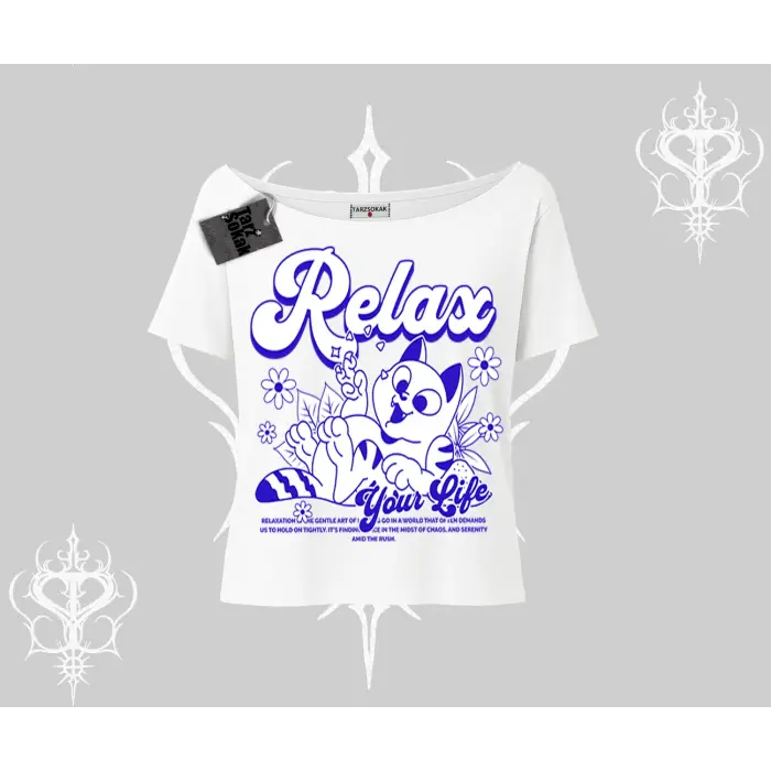 Relax Kedi Baskılı Kayık Yaka Tshirt