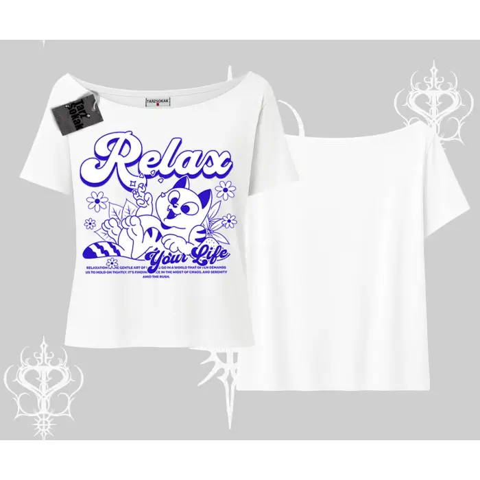 Relax Kedi Baskılı Kayık Yaka Tshirt