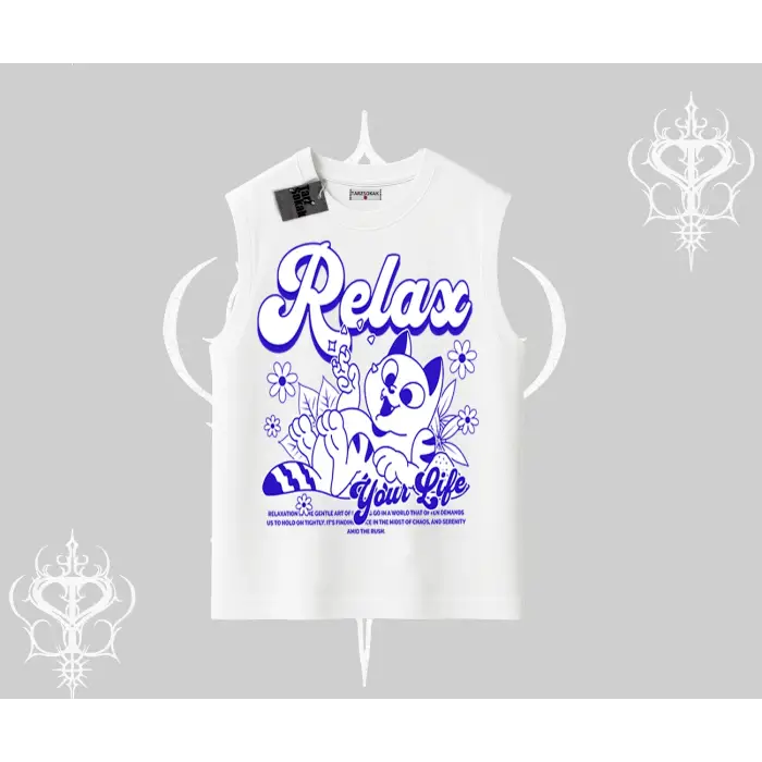 Relax Kedi Baskılı Kolsuz Tshirt