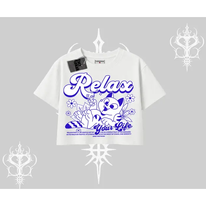 Relax Kedi Baskılı Oversize Crop Tshirt