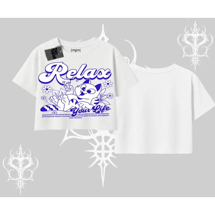 Relax Kedi Baskılı Oversize Crop Tshirt