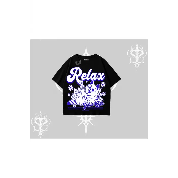 Relax Kedi Baskılı Oversize Tshirt