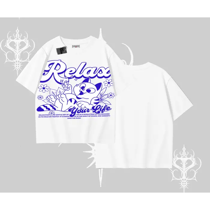 Relax Kedi Baskılı Oversize Tshirt