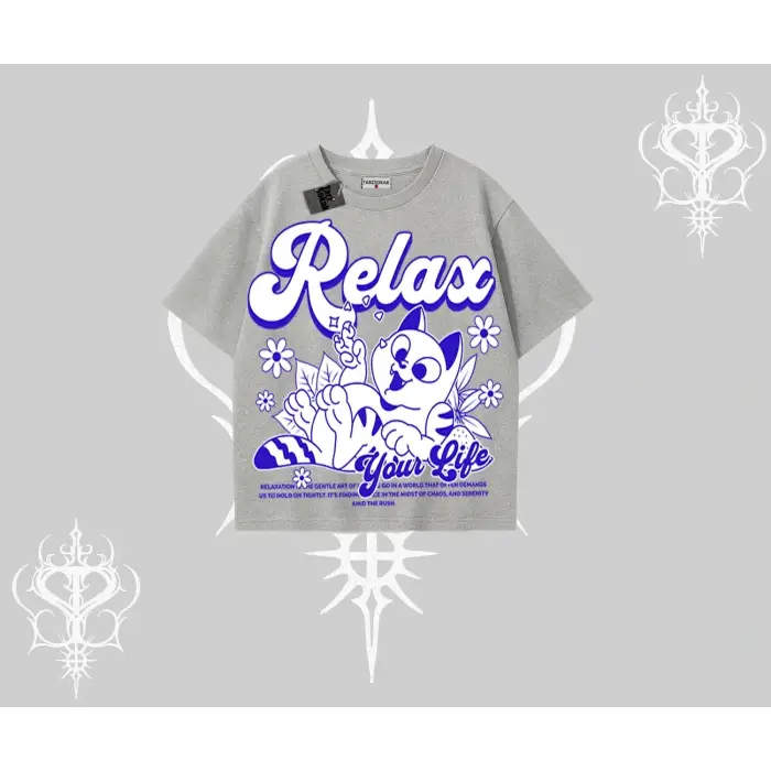 Relax Kedi Baskılı Oversize Tshirt - Çocuk